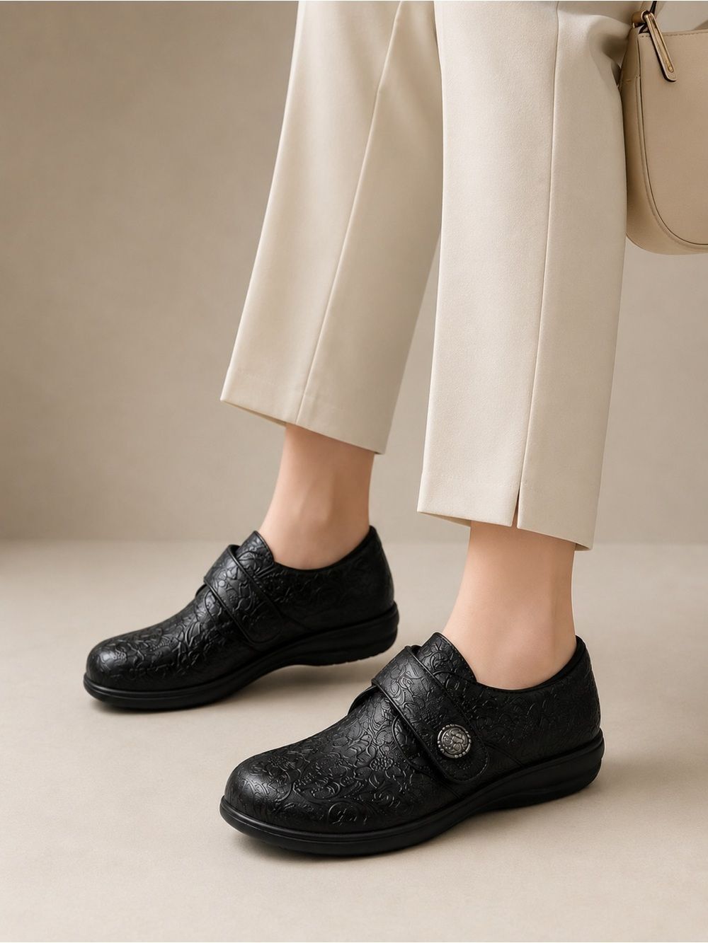 Alegria Black Embossed Leather Comfort Slip-On Clogs